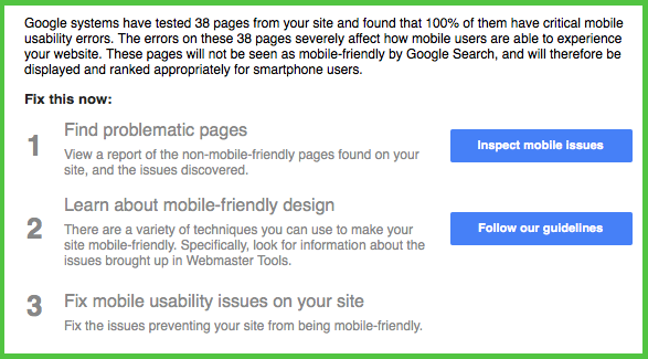 Screen Shot From Webmaster Tools Showing Mobile Usability Issues