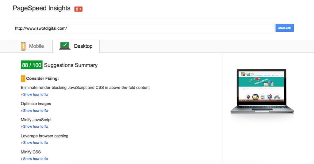 Screenshot showing Website Speed Test SWOT Digital