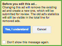 Screenshot showing AdWords prompt when about to edit ad